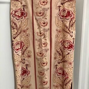 Beaded red satin lined shin length pencil skirt.